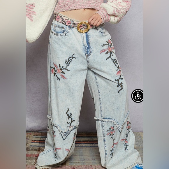 POL Blue Wide Leg Denim Pants Floral Embroidery - Picture 1 of 3